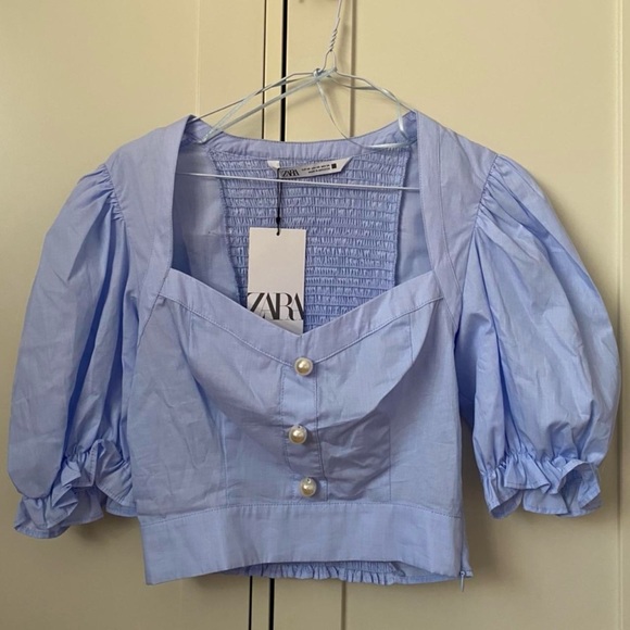 NWT Zara PEARL BUTTON CROP TOP Size XS Blue 7755/485/406 - Picture 6 of 8